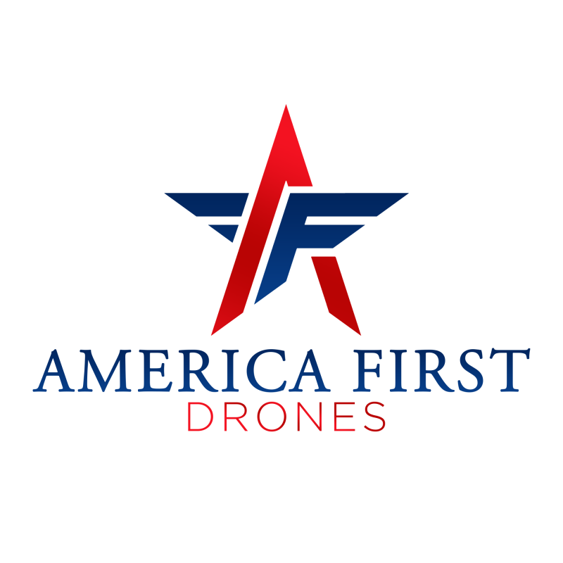 Logo for America First Drones with a stylized five pointed star comprised of the intertwined letters A & F in red and blue.